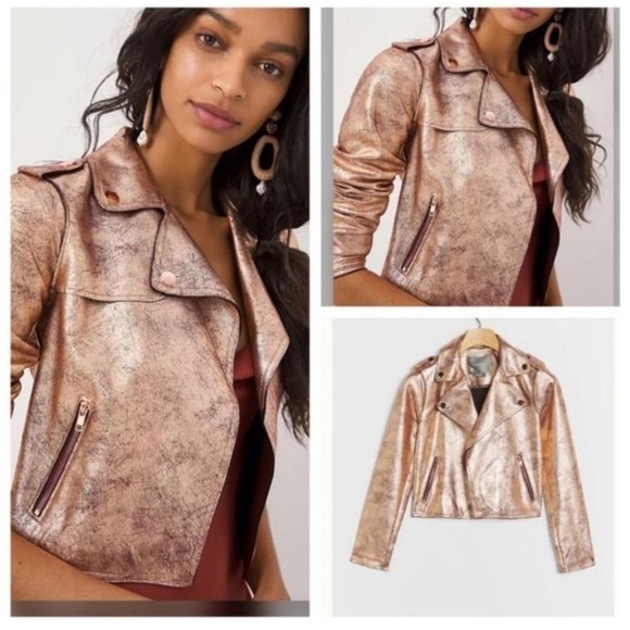 Anthropologie Jackets & Blazers - Anthropologie Brisa Metallic Faux Leather Moto Jacket 2x